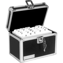 Vaultz Locking Card File Box, Holds 4" X 6" Cards, 450-Card Capacity, Black/Silver