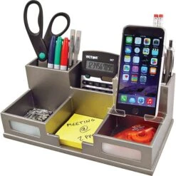 Victor Technology Wood Desk Organizer With Smart Phone Holder, Classic Silver, 5.5" X 10.4" X 3.5"