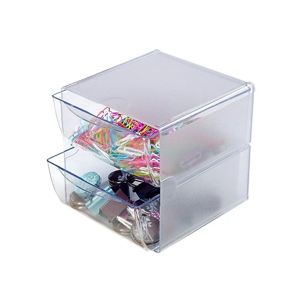 Deflect-O Cube 2 Compartment Stackable Plastic Storage Drawers, Clear (350101) 3 Deflect-O Cube 2 Compartment Stackable Plastic Storage Drawers, Clear (350101)